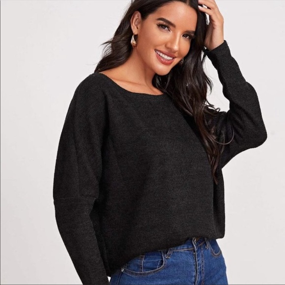 Black Drop Shoulder Solid Sweater - Picture 4 of 4